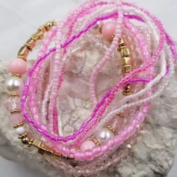 Seed Bead Stackable Bracelet Set Stretch Pinks White Clear Gold Beads - Picture 1 of 2